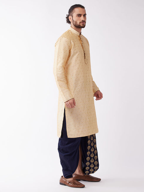 Vastramay Men's Gold Zari Weaved Kurta Dhoti Set